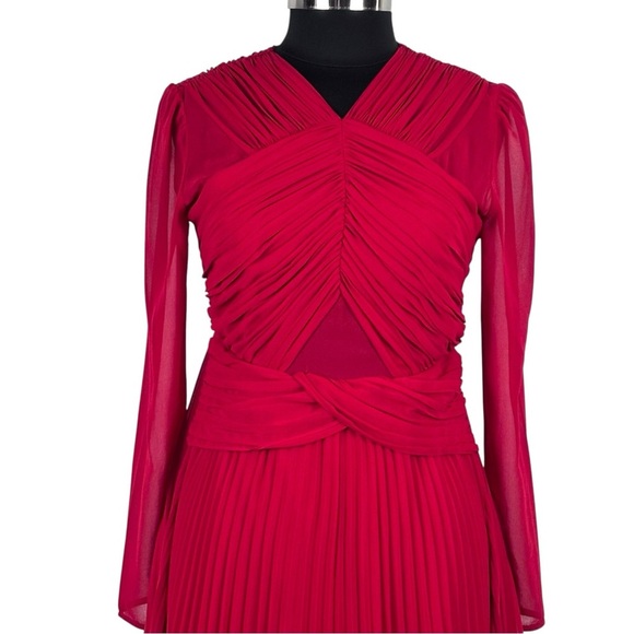 SELF PORTRAIT DARK RED CROSS FRONT LONG SLEEVE PLEATED SKIRT LACE MIDI DRESS - Picture 8 of 15